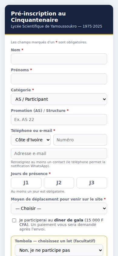 Formulaire de pré-inscription au Cinquantenaire sur smartphone