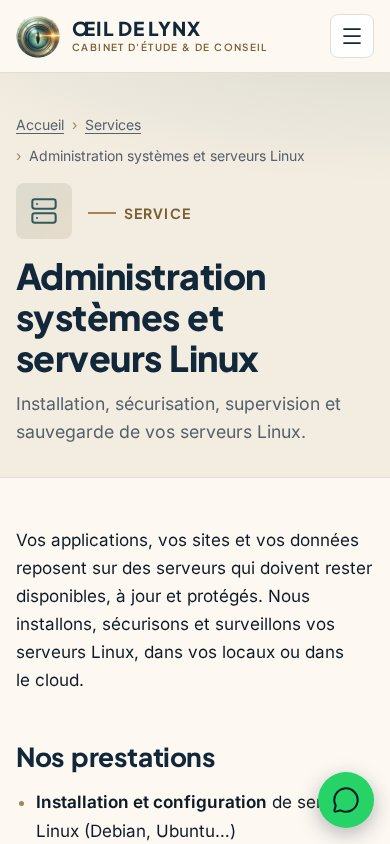 Page de service du site Œil de Lynx affichée sur smartphone